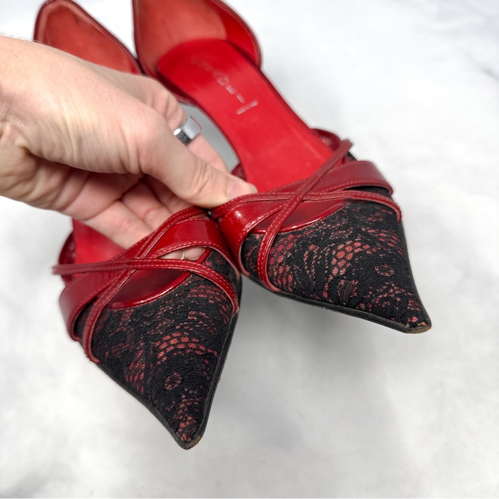 CASADEI Vintage Y2K Leather Lace Pointed Toe Stiletto Heel Pumps Gothic Red 9 - Picture 4 of 15